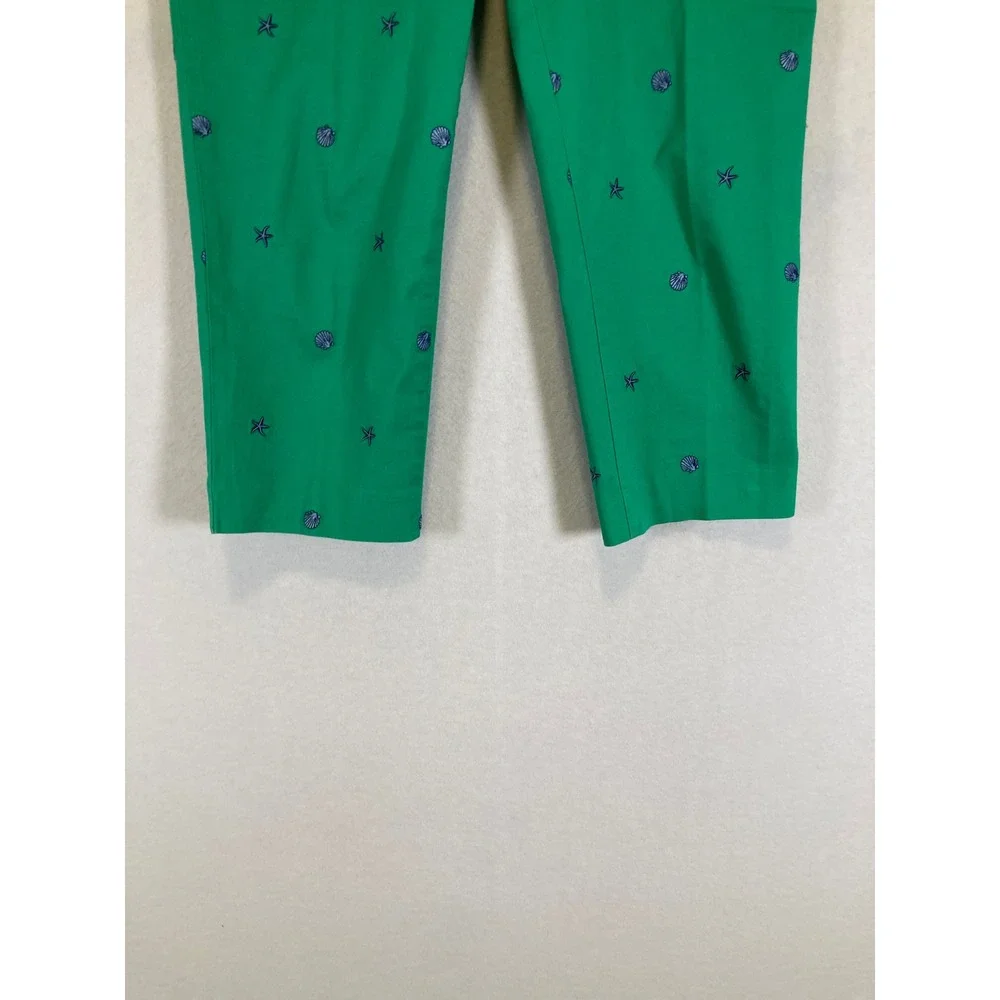 Coastal Preppy Talbots Women 4P Green‎ Embroidered Shell Starfish Ankle Pants